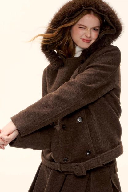 Retro Coffee Woolen Coat Set-Up