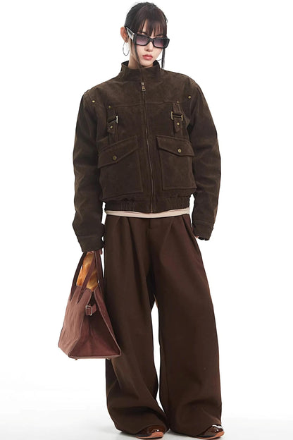 Retro Suede Stand-Up Collar Jacket