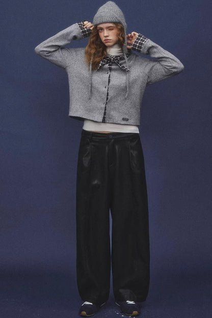 Elastic Waist Black Leather Pants