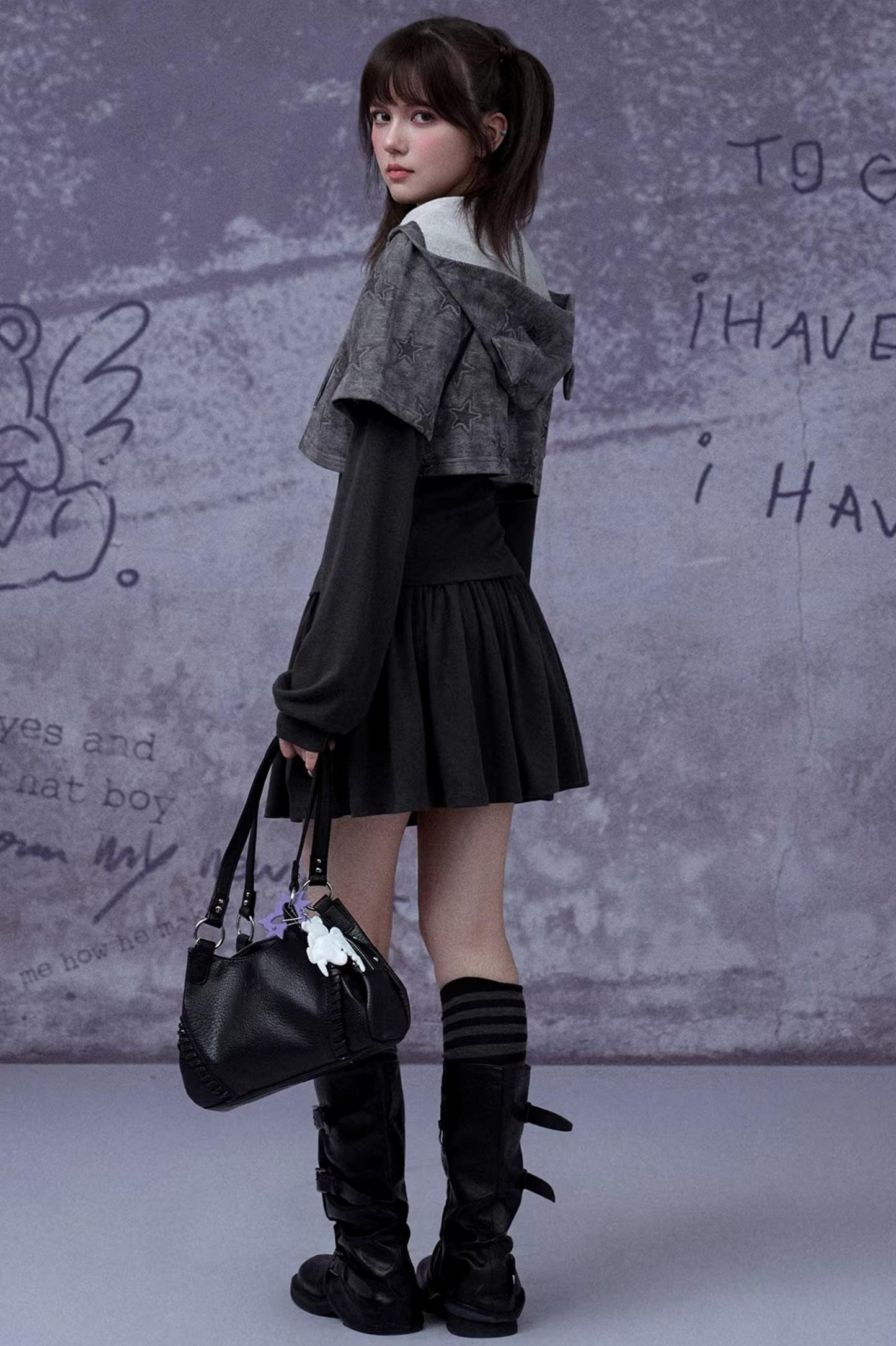 Gray Star Cat Ear Dress Set