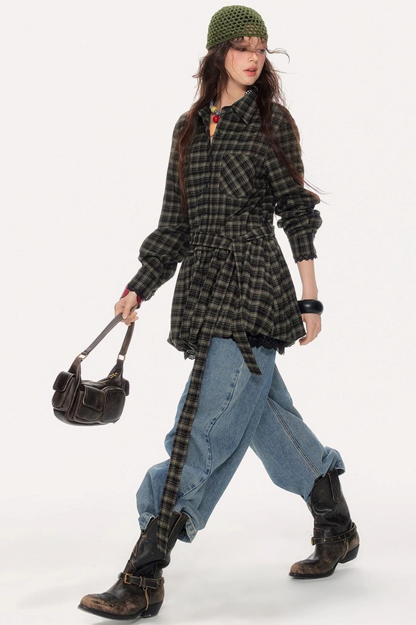 Retro Plaid Long-Sleeved Ballet Dress