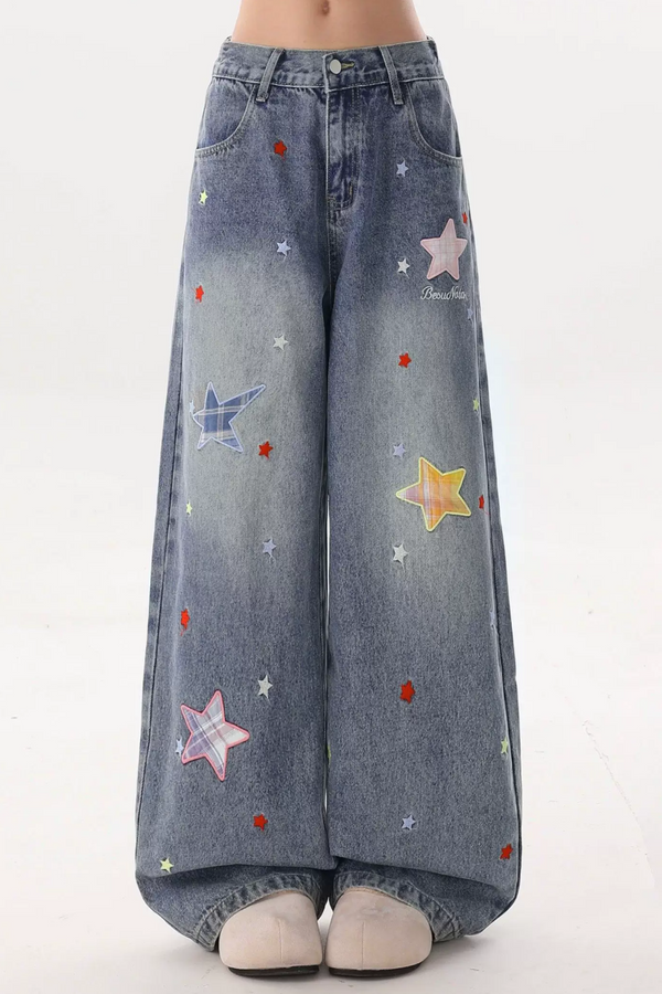 Star-Patterned Vintage Denim Pants
