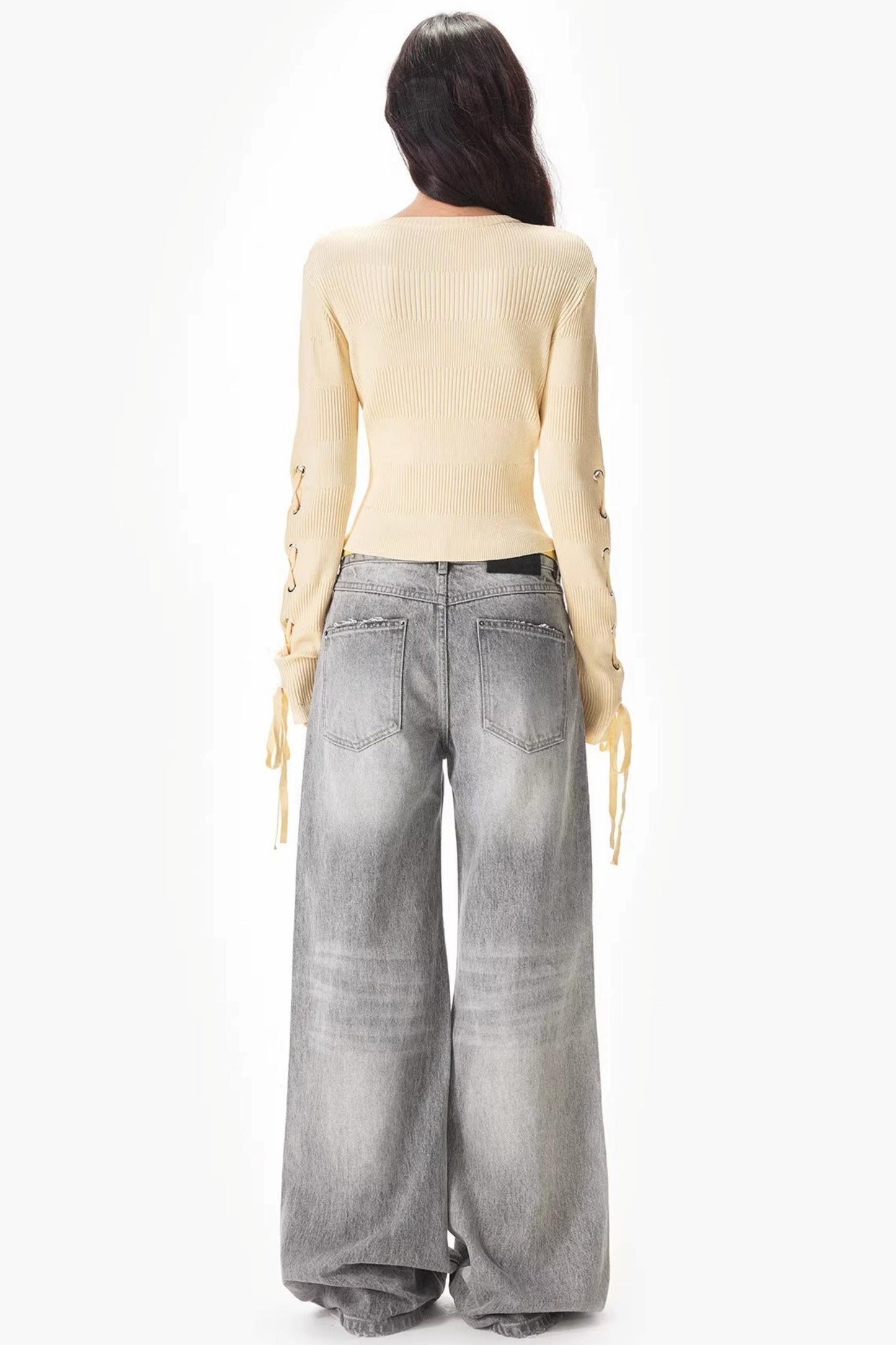 Light Gray Rhinestone Wide-Leg Pants