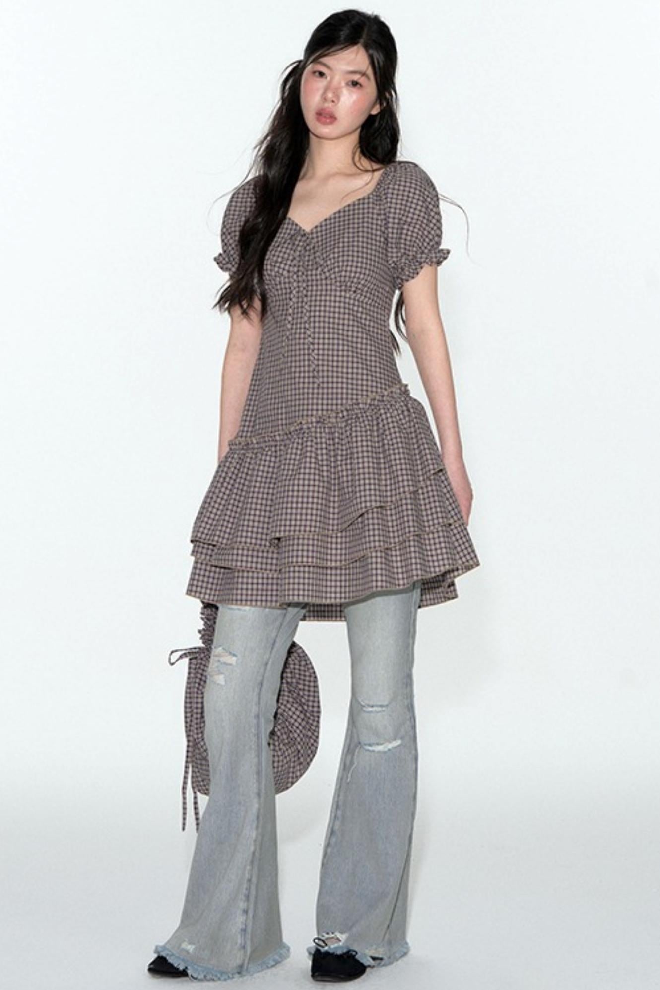 Nap Check Beveled V-Neck Cinched Waist Dress