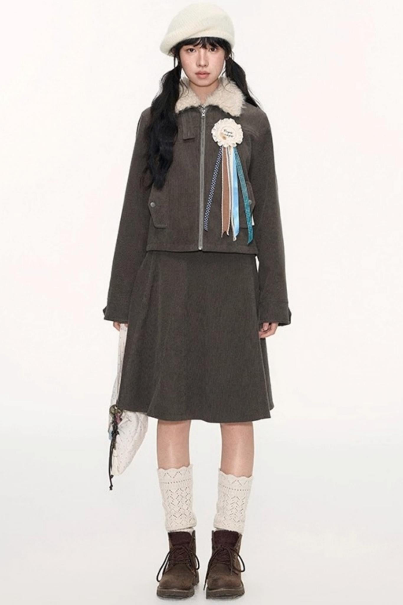 Vintage Fur Collar Jacket With Skirt Set-Up