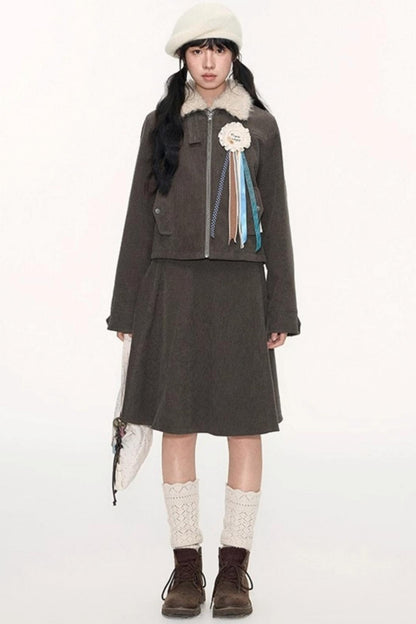 Vintage Fur Collar Jacket With Skirt Set-Up