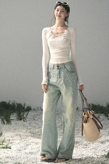 Pantalon en jean bleu clair perlé