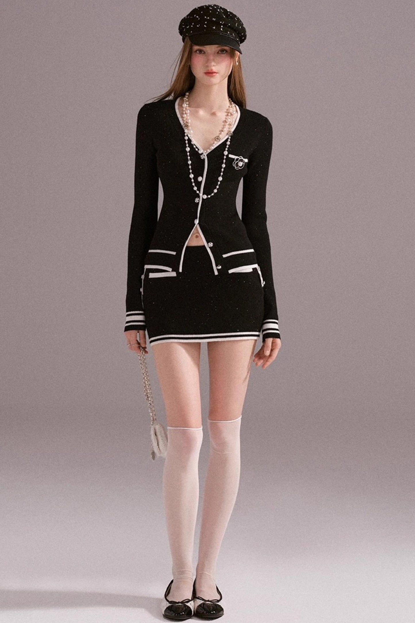 Hot Girl Contrast Knit Cardigan Suit Set-Up