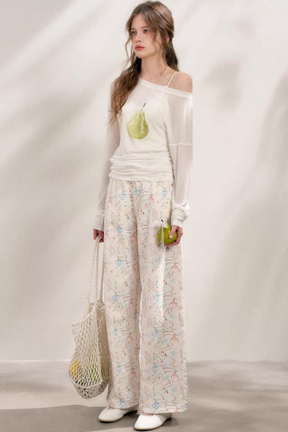 White Floral Wide-Leg Jeans