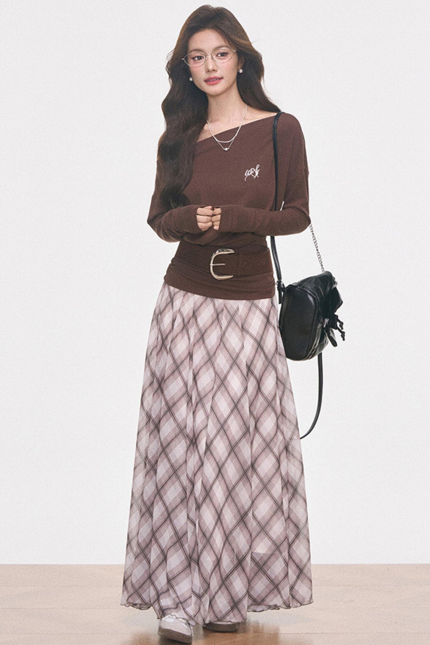 Knitted Off-Shoulder Top and Plaid Skirt Set-Up