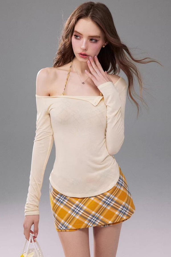 Off-Shoulder Plaid Corset and T-Shirt Matching Set
