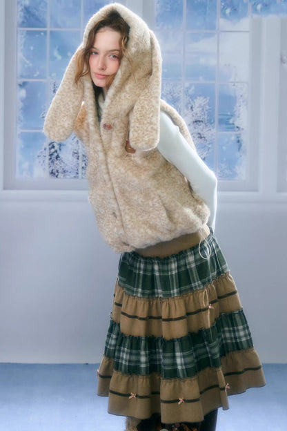 Black Leather Rabbit Hooded Vest Jacket