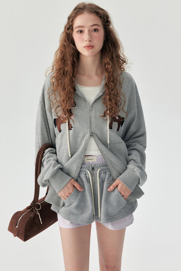 Gray Embroidered Hooded Sweatshirt Coat