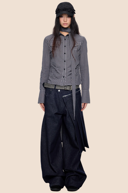 Plaid Lace-Up Bow Blouse