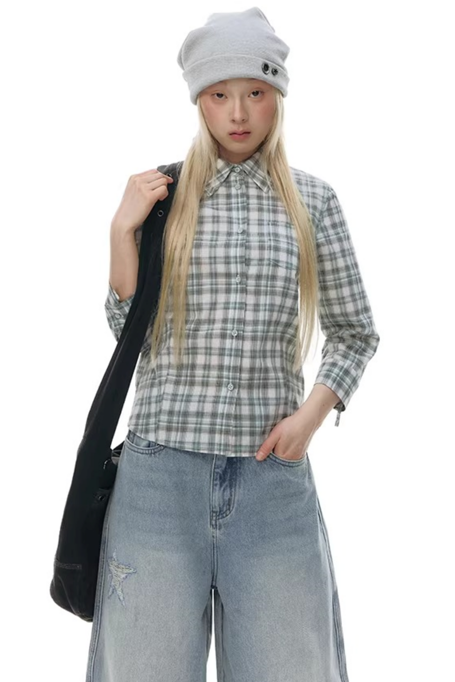 Plaid Cotton Waist-Cinching Blouse