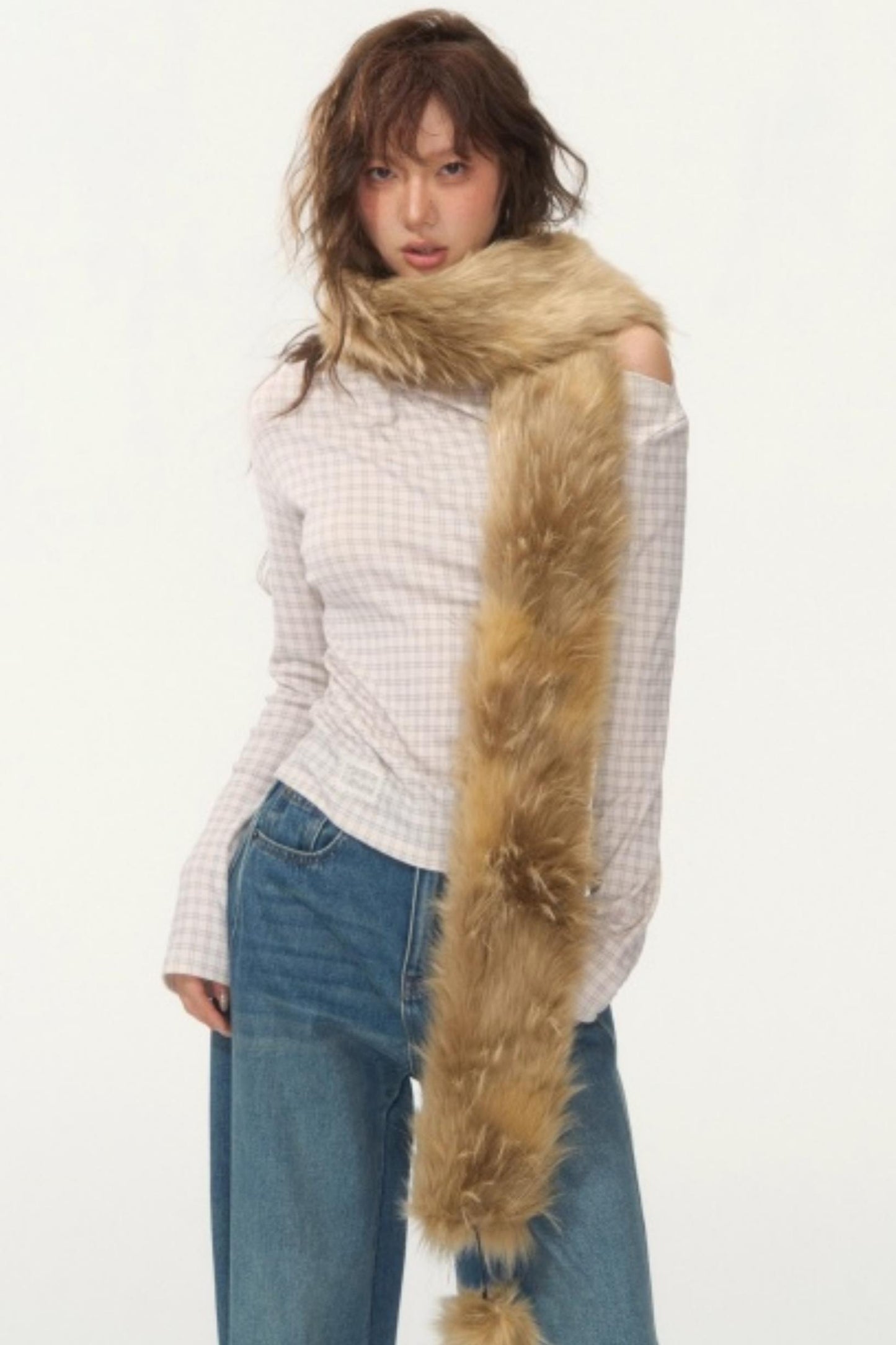 Velvet Plaid One-Shoulder Top