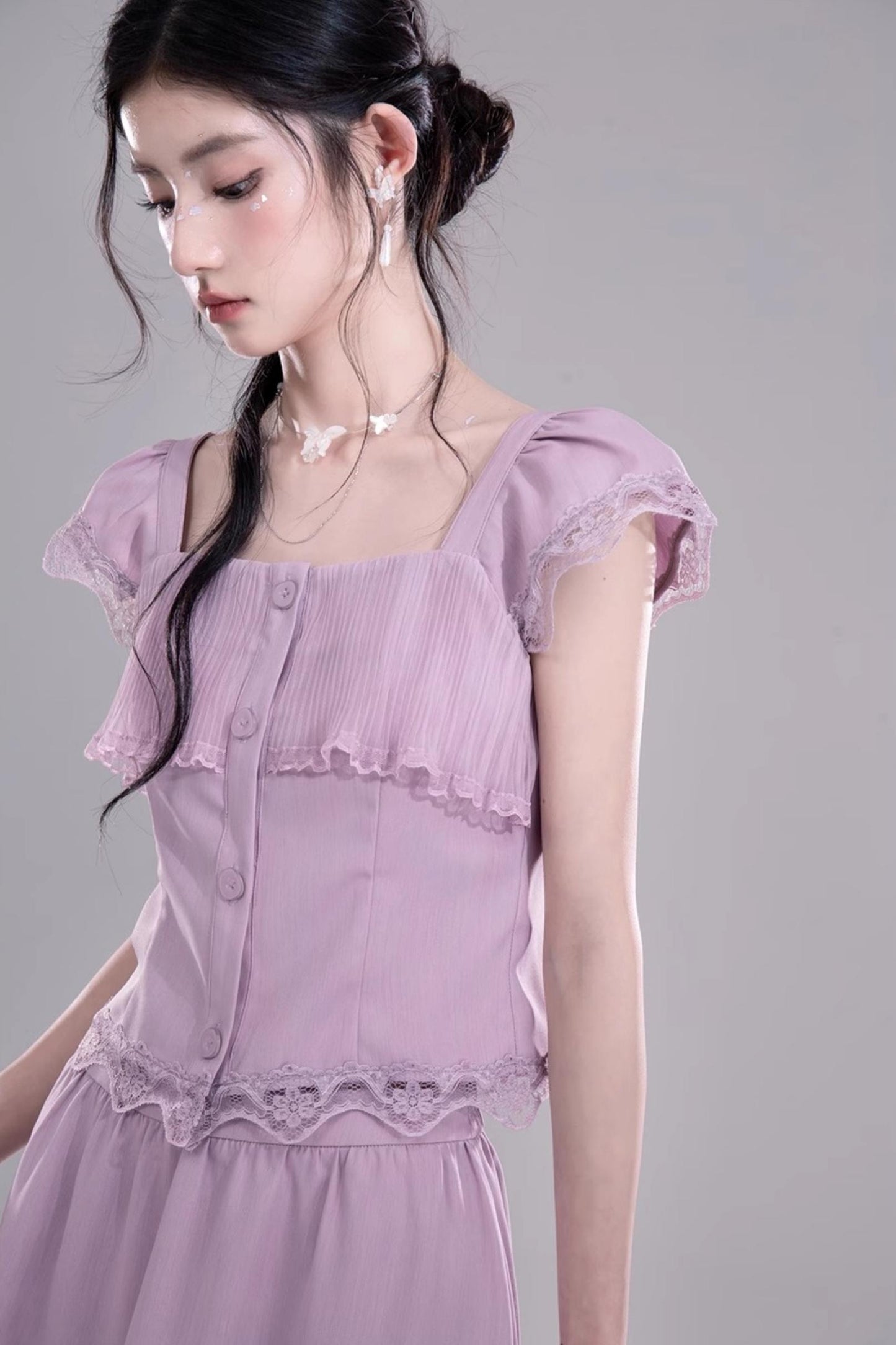 Purple Lace A-Line Skirt Top Set