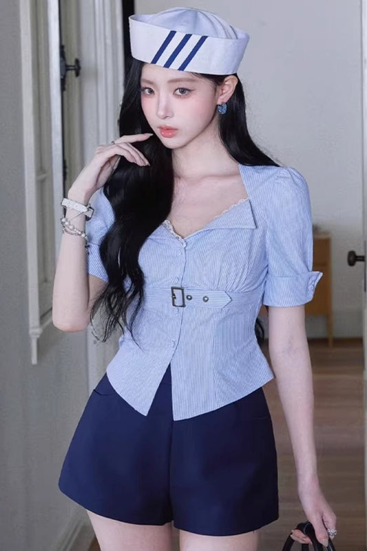 French Navy Collar Striped Shirt