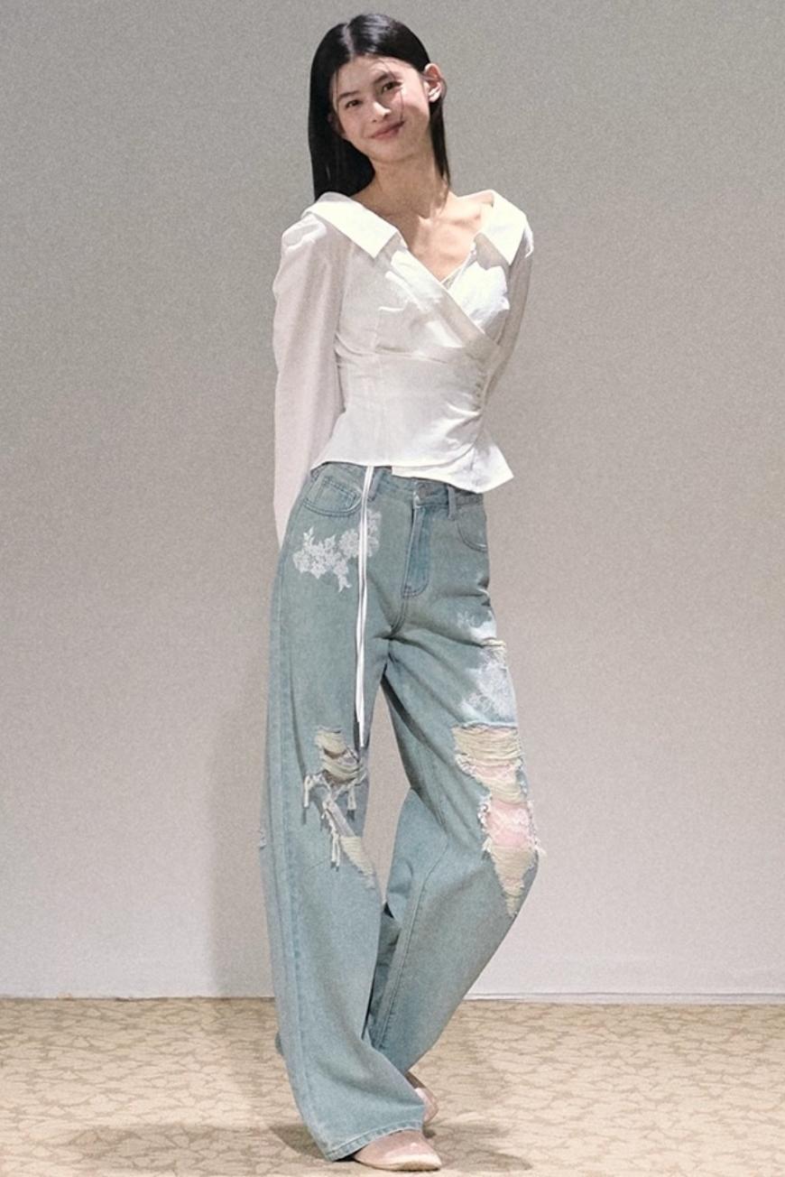 Crumpled Texture Collar Stretch Shirt