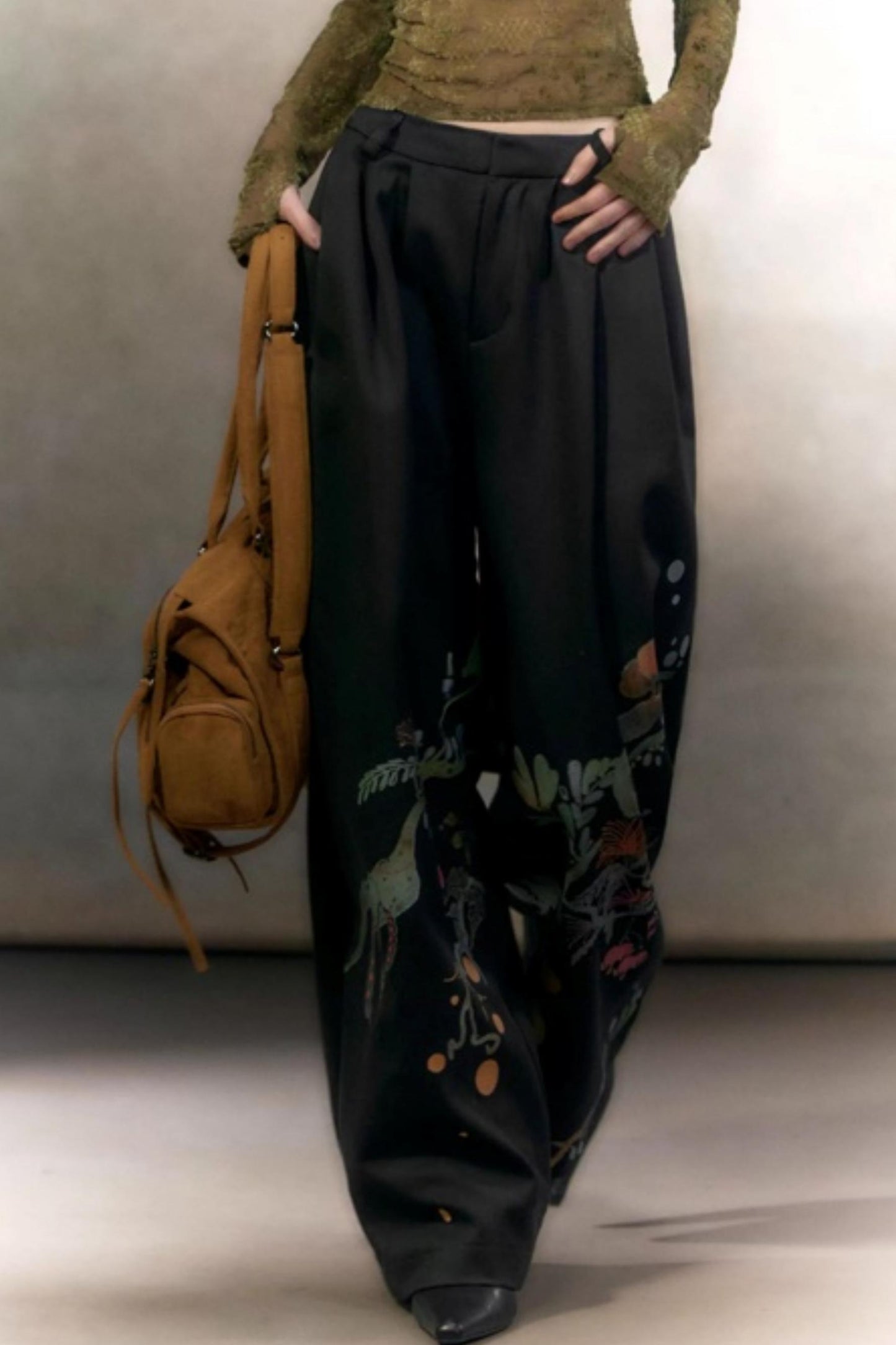 Hand-Painted Floral Wide-Leg Pants