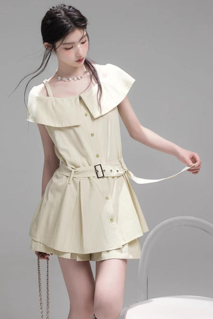 Layered Lime Green Belted Shirt & Pleated Shorts Set