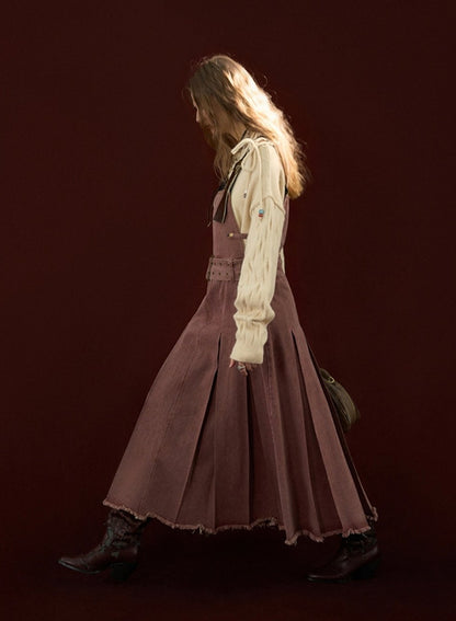 Vintage Denim Pleated Long Bib Dress