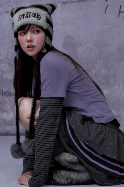 Striped Faux Mink Cat Ear Hat