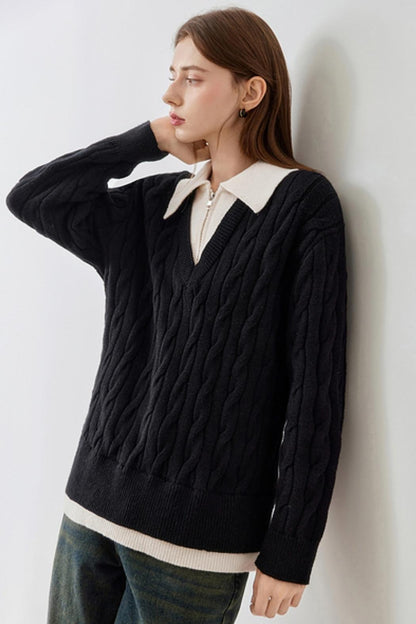 MEETLADY old money style classic cable fake two-piece splicing sweater women's 2024 winter new high-quality knitwear