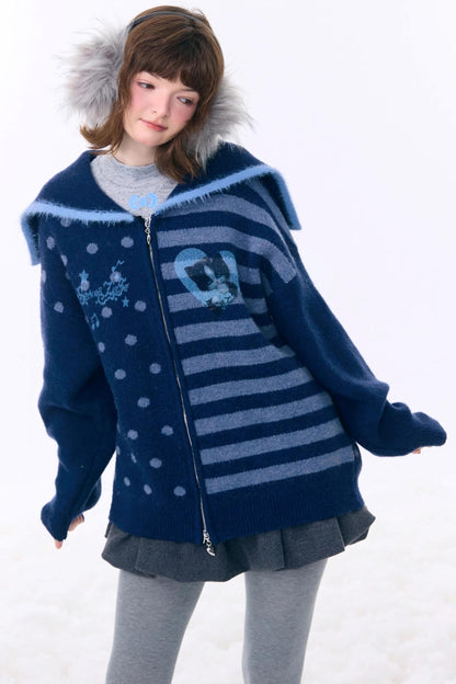 Retro Navy Collar Cardigan Jacket