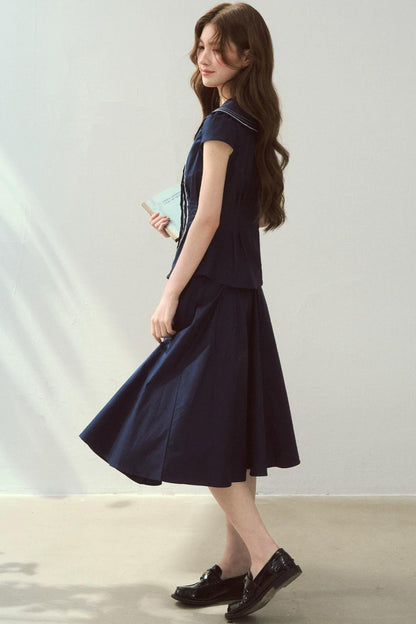 Navy Collar Skirt Suit Set-Up