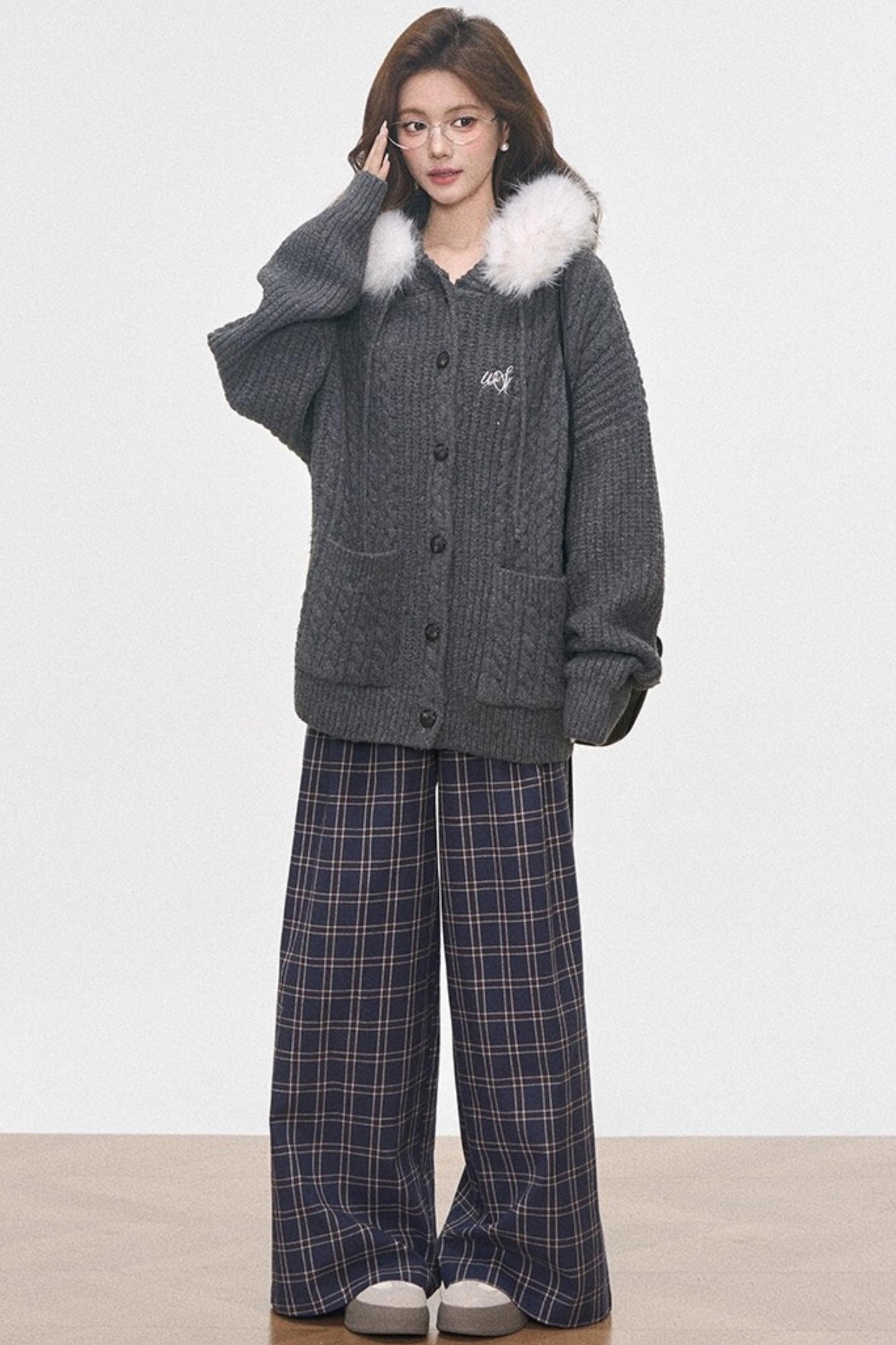 Fur Collar Knitted Jacket Set-Up