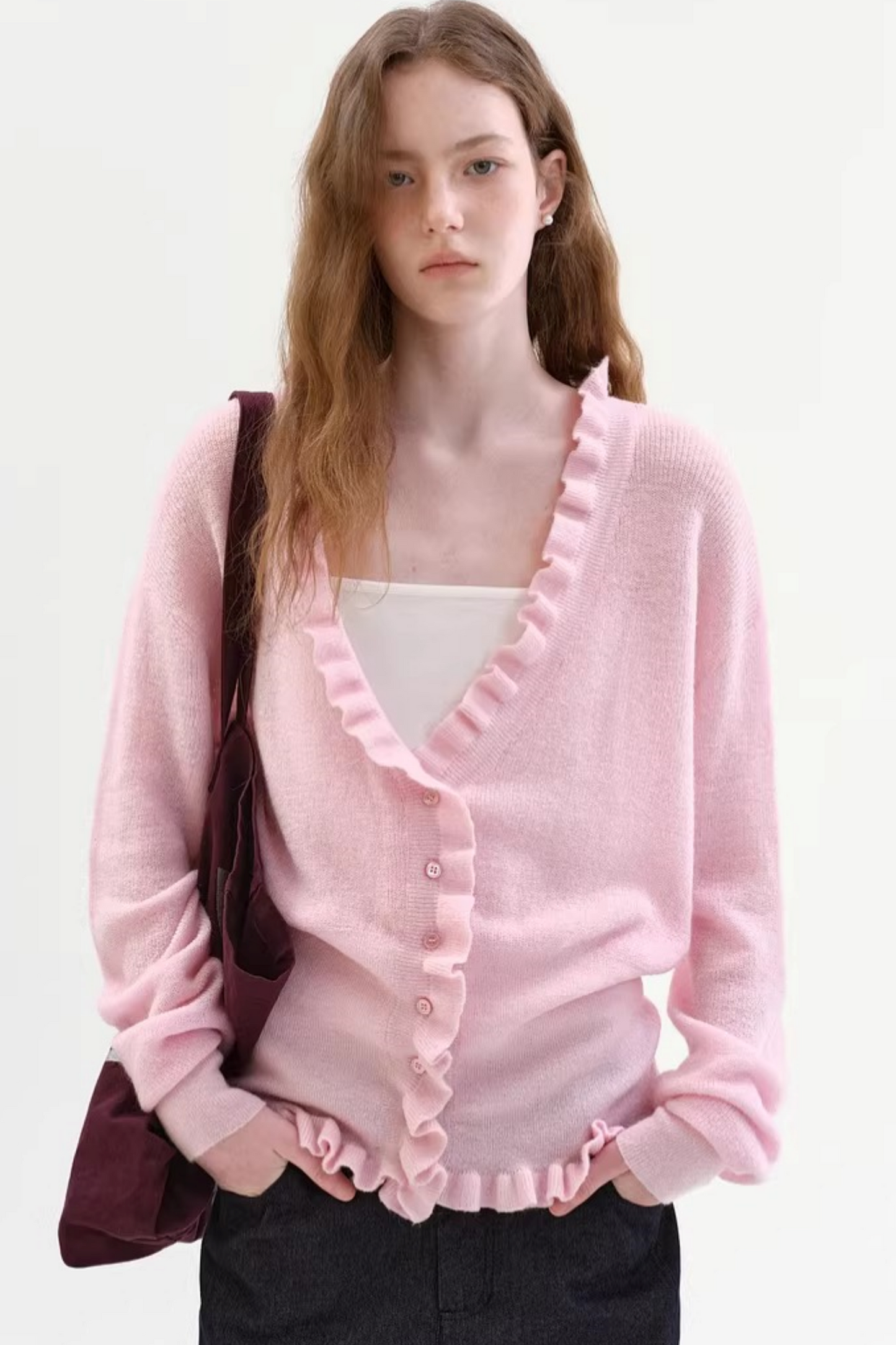 Mohair V-Neck Ruffled Sweater