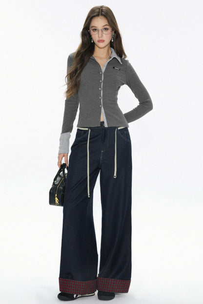 High-Waisted Navy Checkered Wide-Leg Pants