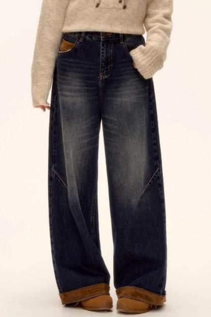 Suede Patchwork Denim Pants