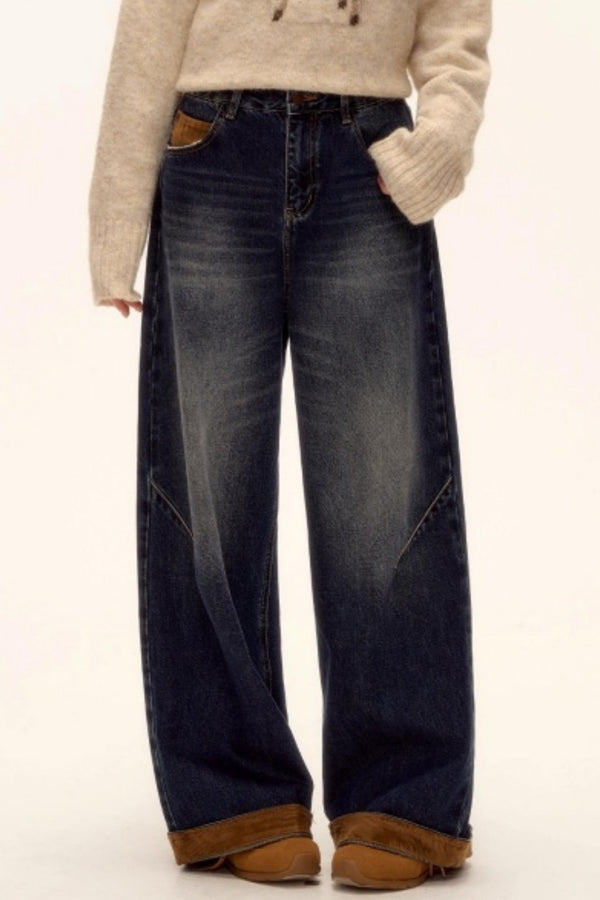 Suede Patchwork Denim Pants