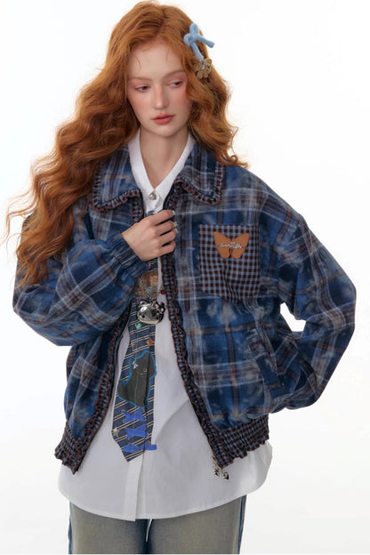 High-End Retro Blue Plaid Jacket