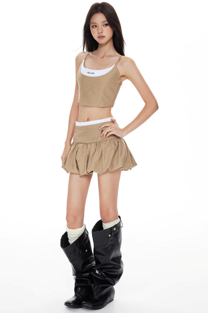 Khaki Cropped Jacket Skirt Set-Up