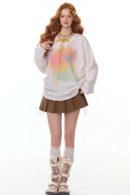 Flower Butterfly V-Neck Long Sleeve T-Shirt