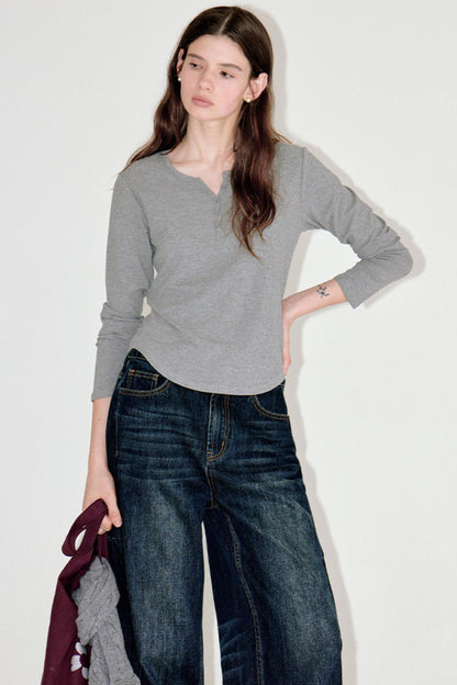 Button-Embellished Crew Neck Top