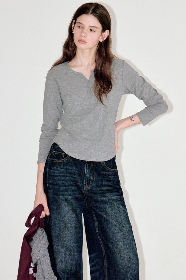 Button-Embellished Crew Neck Top