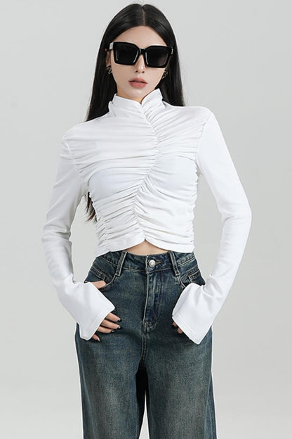 SRYSAME's fashionable design, pleated high-waisted base layer, T-shirt, long-sleeved top, autumn new women's wear