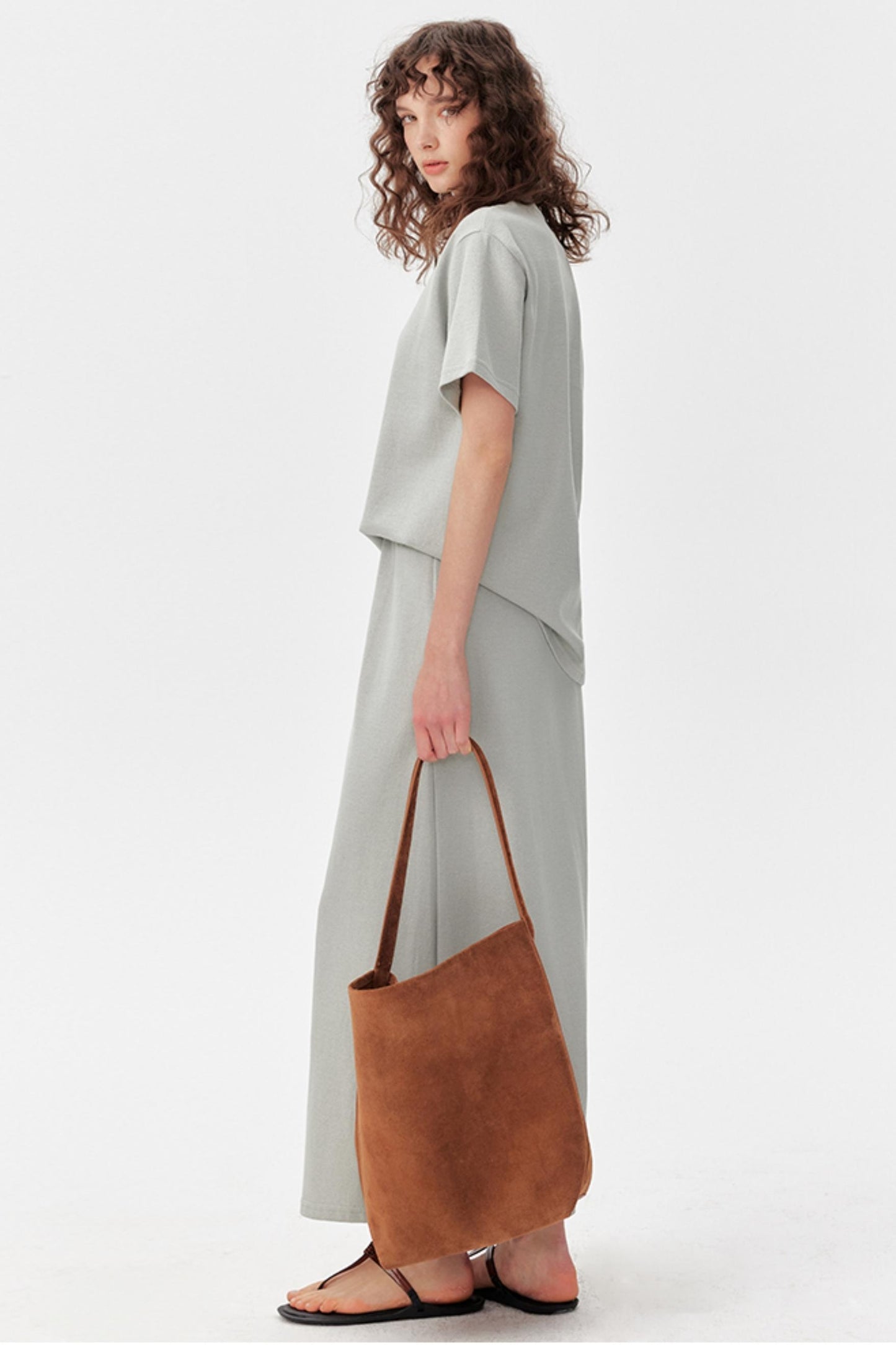 Grey Textured T-Shirt And Skirt Set-Up