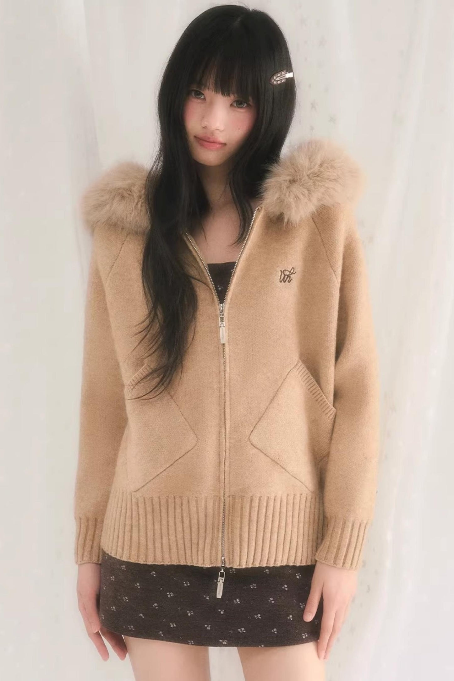 후드 니트 퍼 재킷