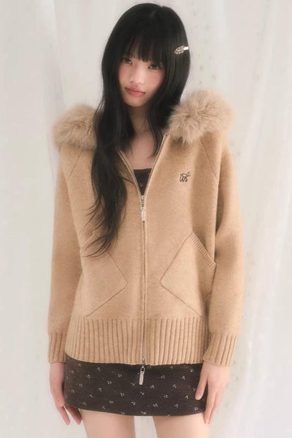 후드 니트 퍼 재킷