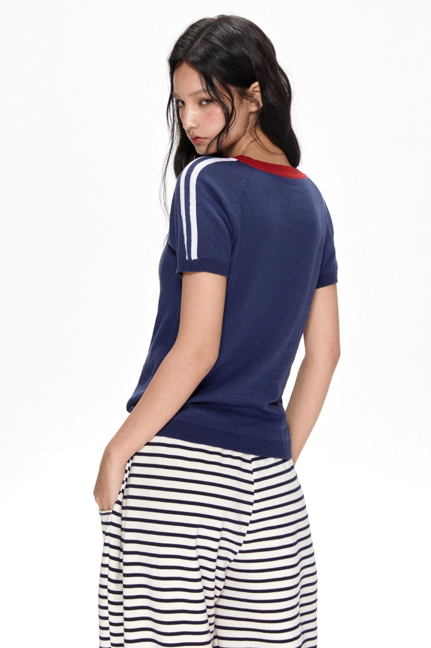 Color Block V-Neck Knit Tee