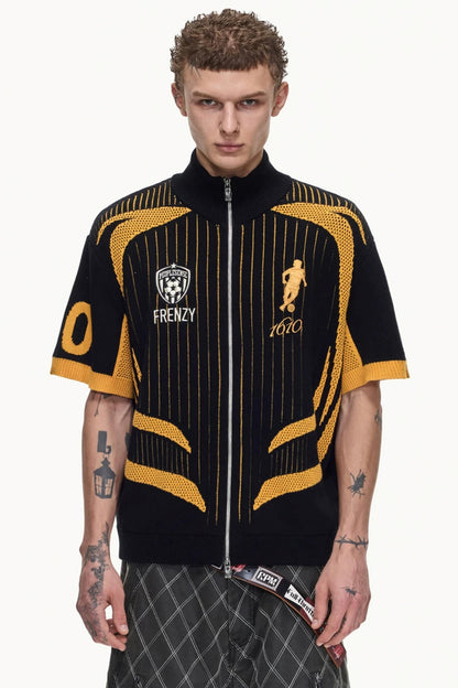 Yellow Black Mesh Knit Polo Top