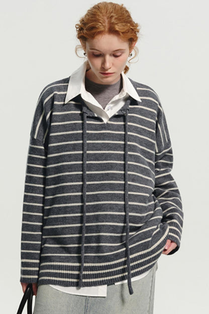 Wool Stripe Drawstring Knit Sweater