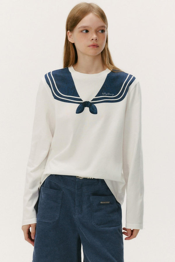 Navy Collar Print Long Sleeve Top