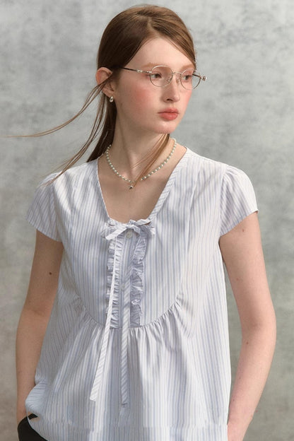 Striped V-Neck Lace Blouse