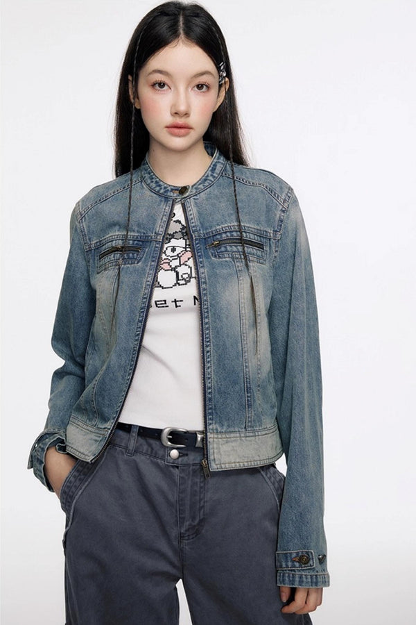 Vintage Distressed Cropped Denim Jacket